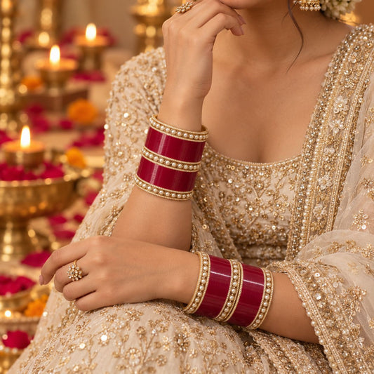 DEEP RED CHURA WITH SINGLE LINE ROUND KUNDAN BANGLES