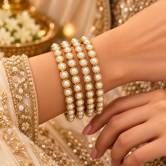 Pearl Elegance Gold-Plated Bangles (Set of 4)
