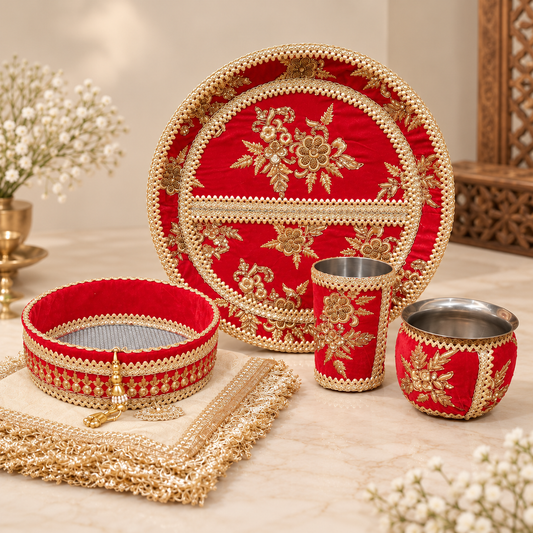Red & Gold Embroidered Karwa Chauth Thali
