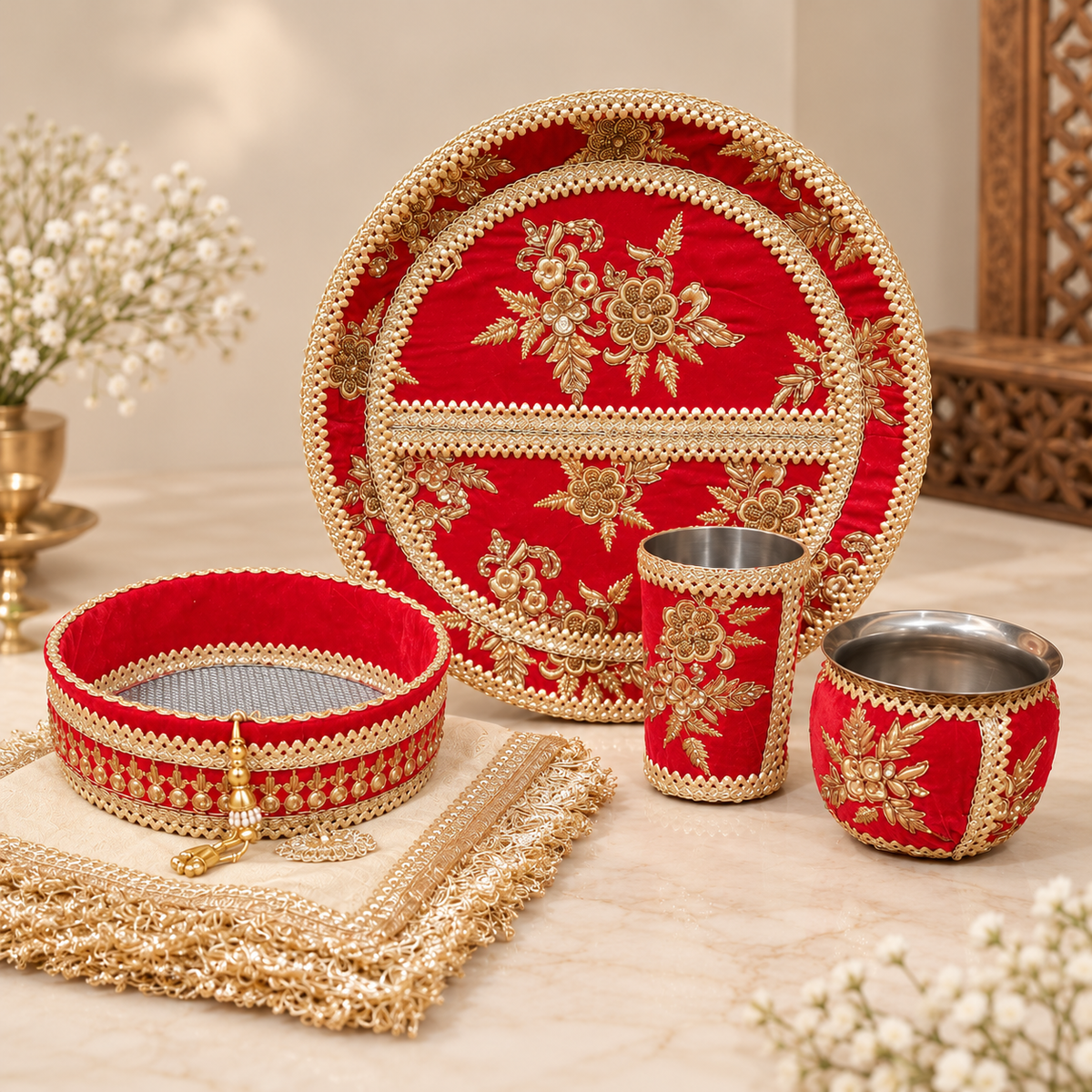 Red & Gold Embroidered Karwa Chauth Thali