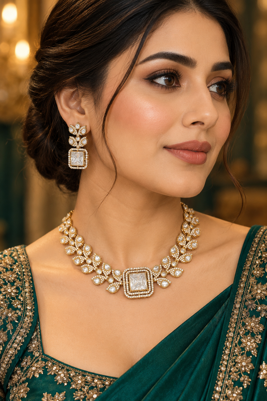 Golden Leaf Crystal Necklace Set with Matching Earrings