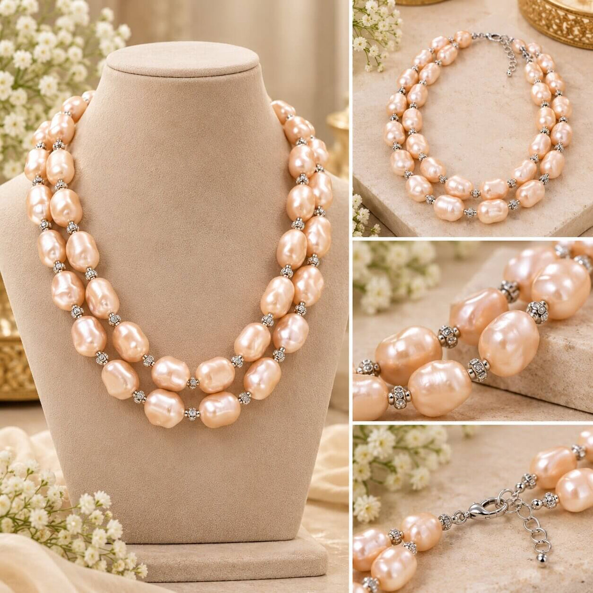 Uncut Shape 2 Layered Shell Pearl Studded with American Diamond Balls