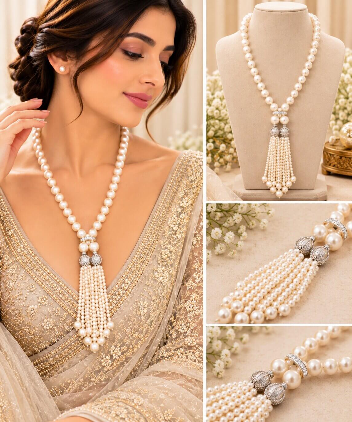American Diamond Studded Pearl Layered Drops Necklace