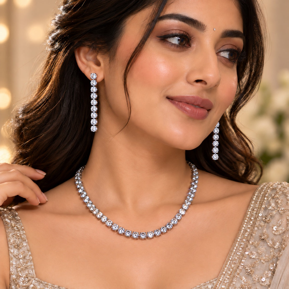 Classic American Diamond Solitaire Necklace Set