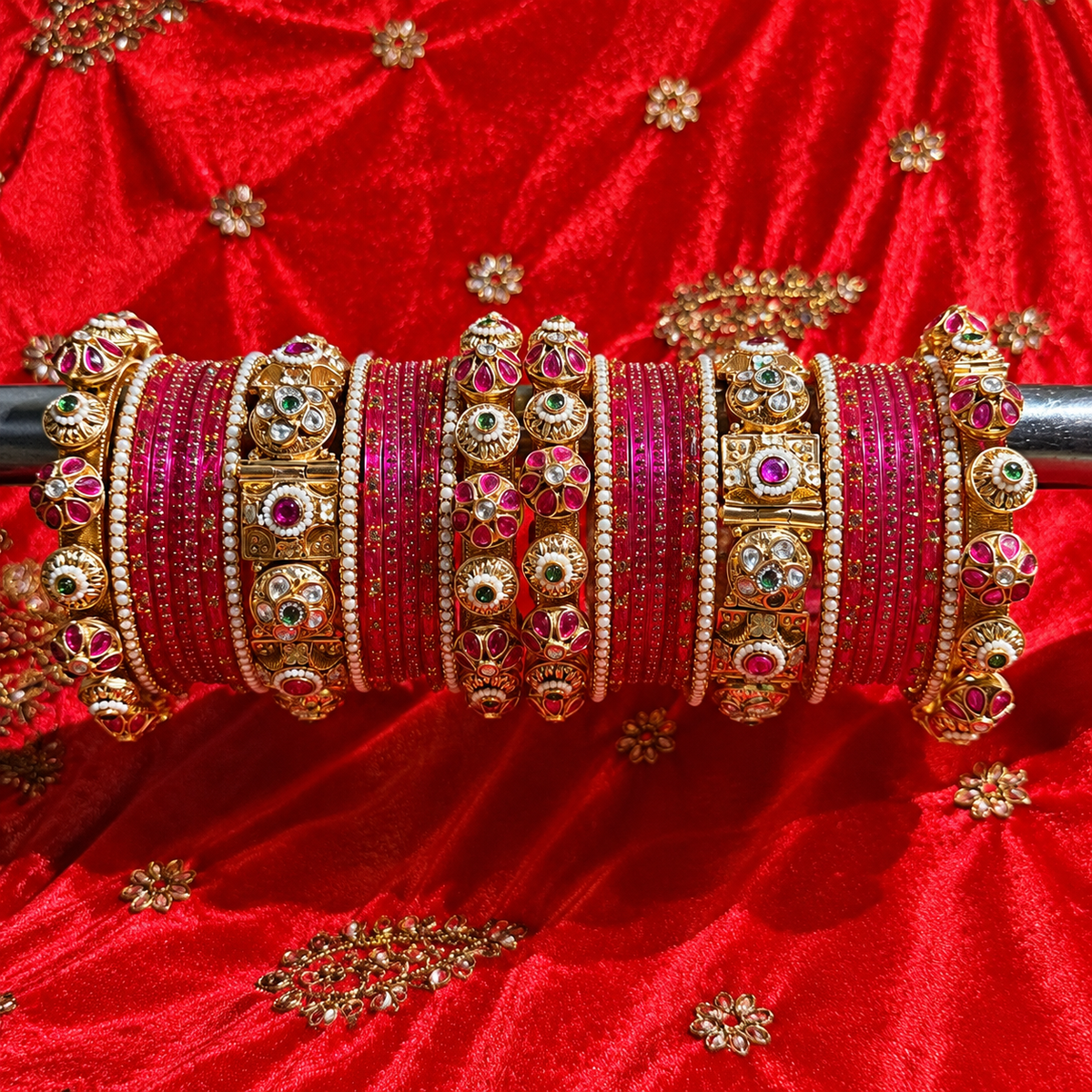 Royal Ruby Pink Kundan Bangle Set