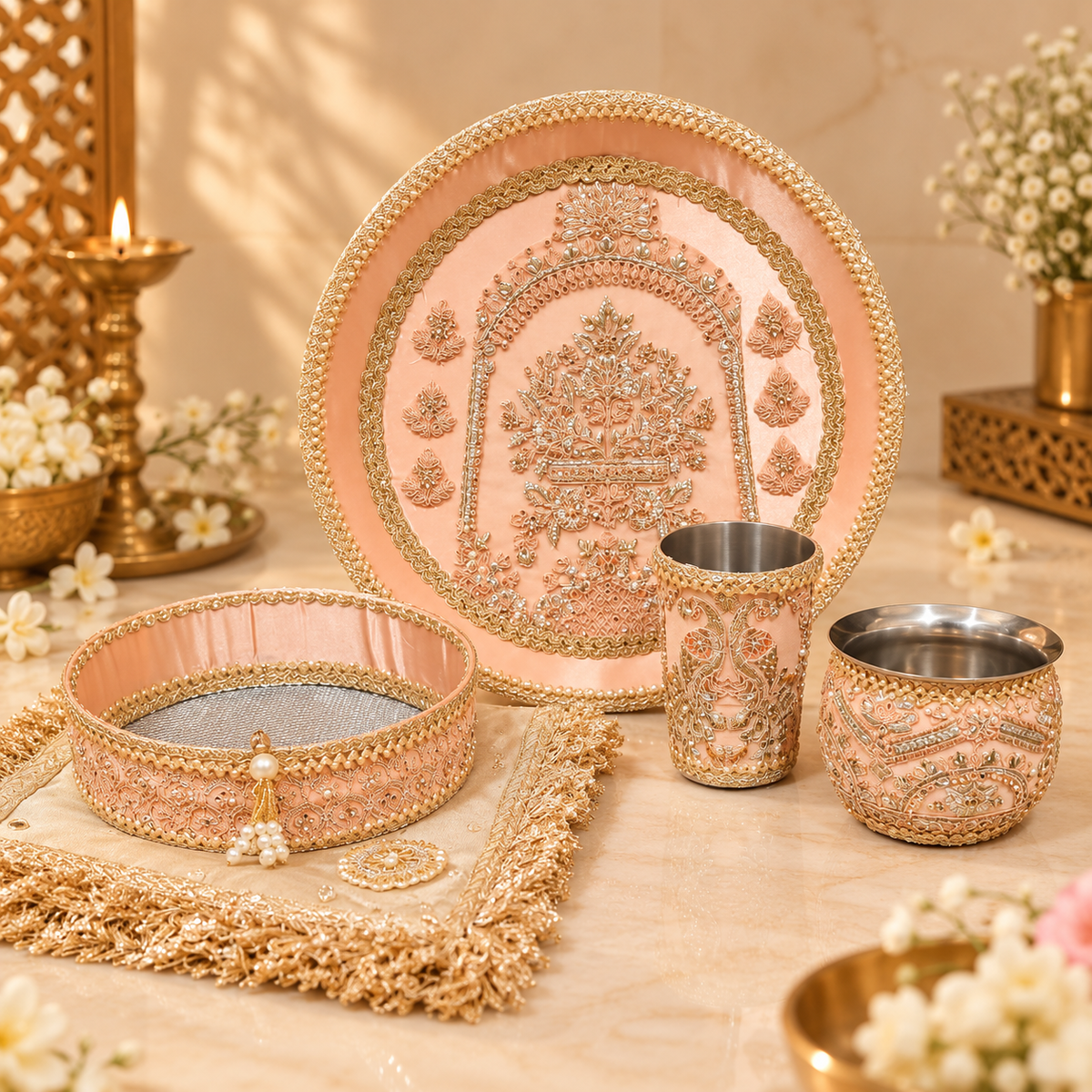 Peach & Gold Embroidered Karwa Chauth Thali Set