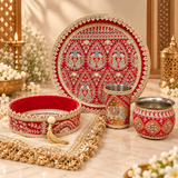 Designer Red & Gold Royal Embroidered Karwa Chauth Thali Set