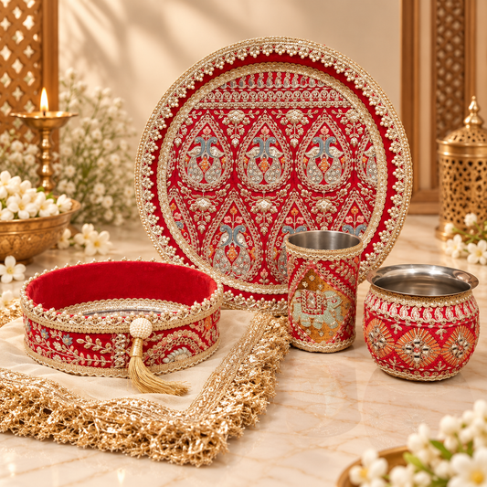 Designer Red & Gold Royal Embroidered Karwa Chauth Thali Set