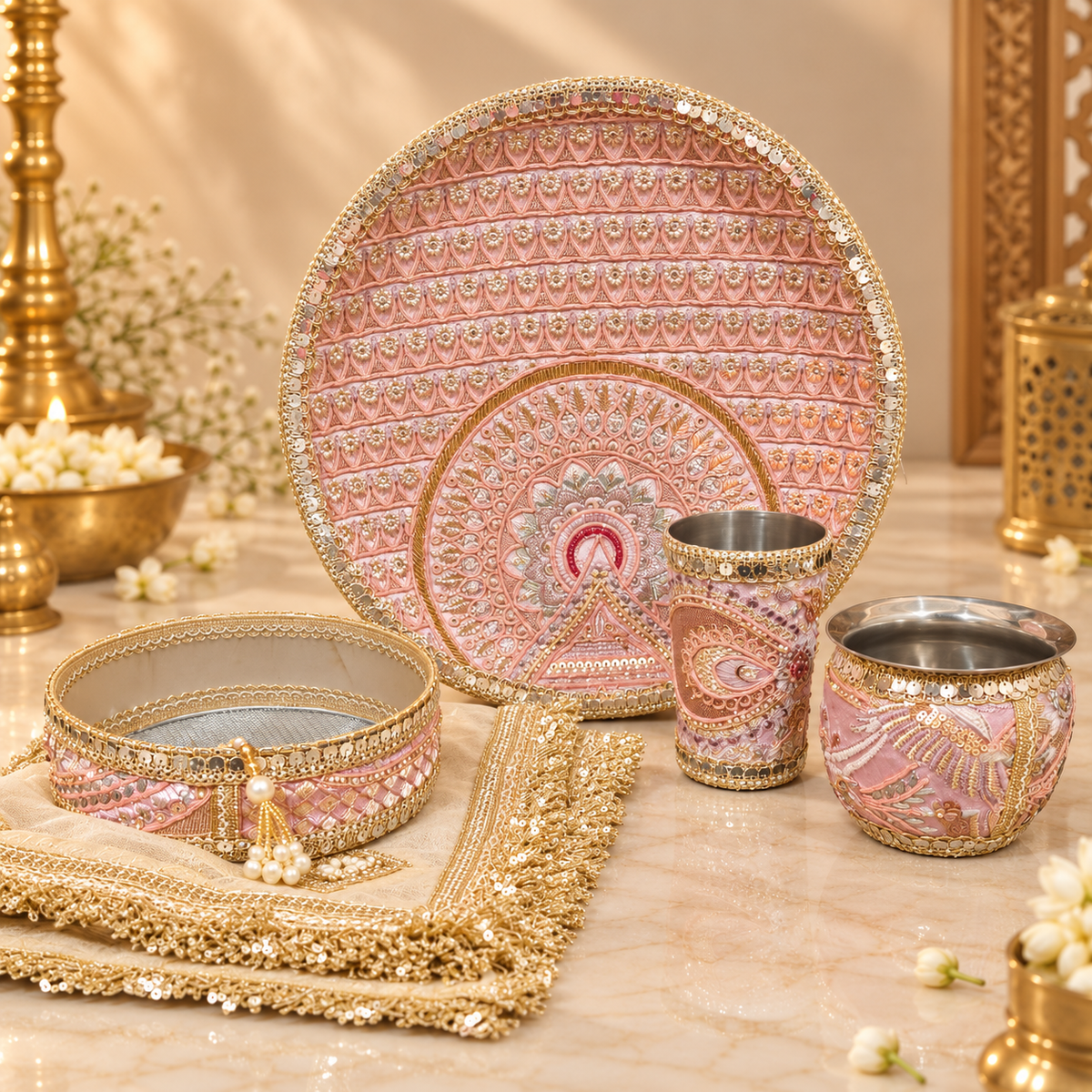 Baby Pink & Gold Embroidered Karwa Chauth Thali Set