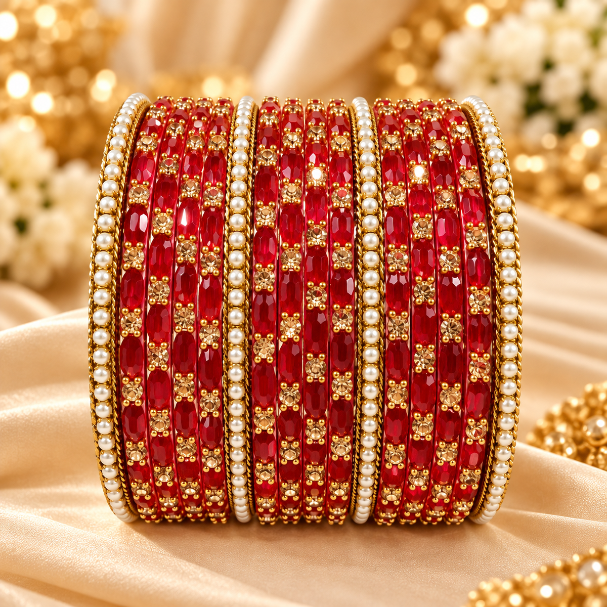 Pastel Embellished Glass Bangles with Pearl & Stone Detailing (both hands)
