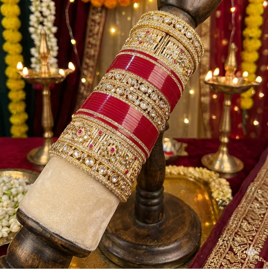 RED CHURA WITH HEAVY KUNDAN KADA