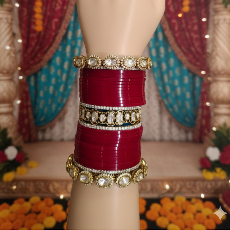 DEEP RED CHURA WITH KUNDAN BANGLES