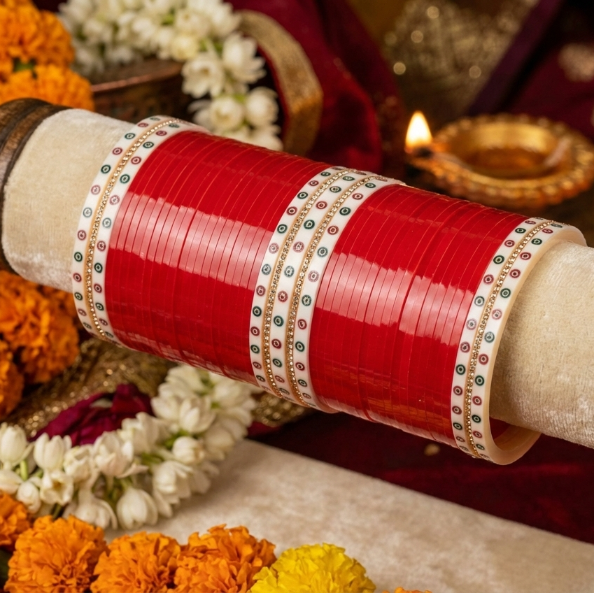 TRADITIONAL RED CHURA WITH SINGLE LINE JARKAN BANGLES