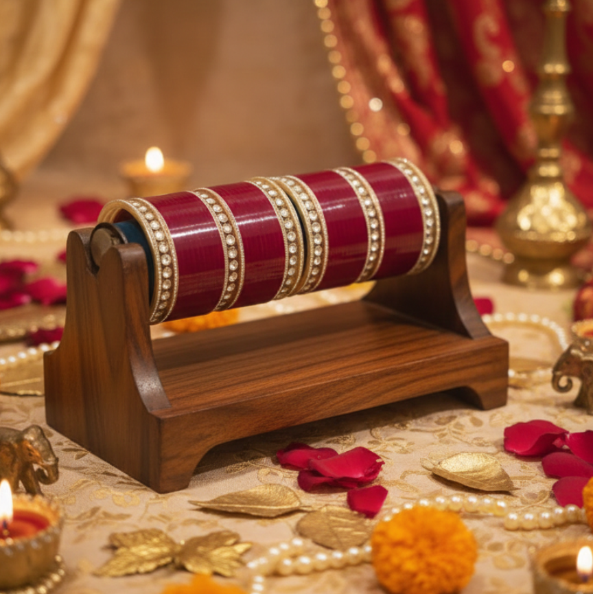 DEEP RED CHURA WITH SINGLE LINE ROUND KUNDAN BANGLES