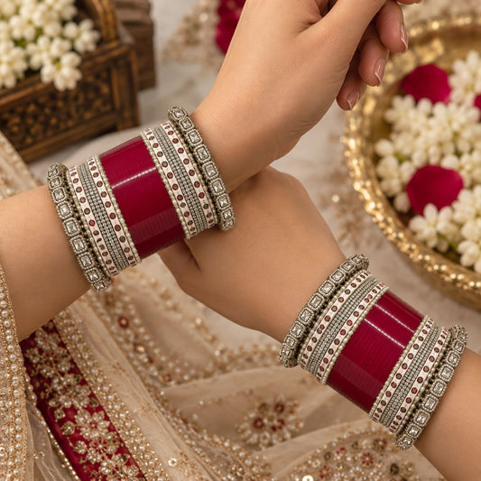 CHERRY RED CHURA WITH A.D BANGLES