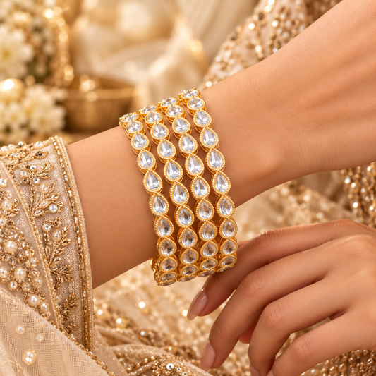 Gold-Plated Teardrop Kundan Bangles (Set of 4)