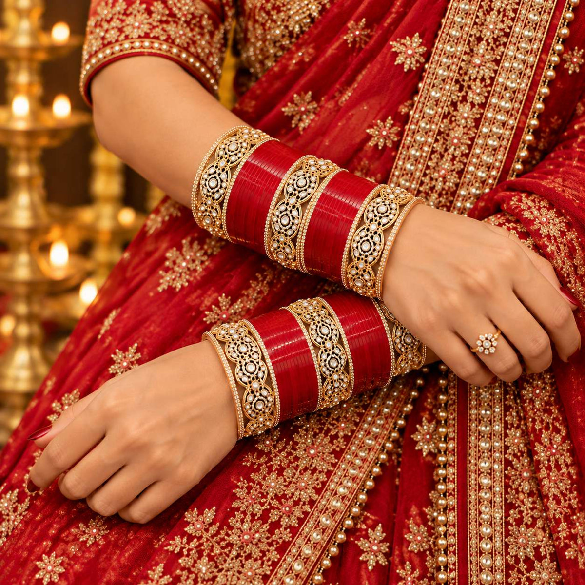 TRADITIONAL RED CHURA WITH KUNDAN BANGLES