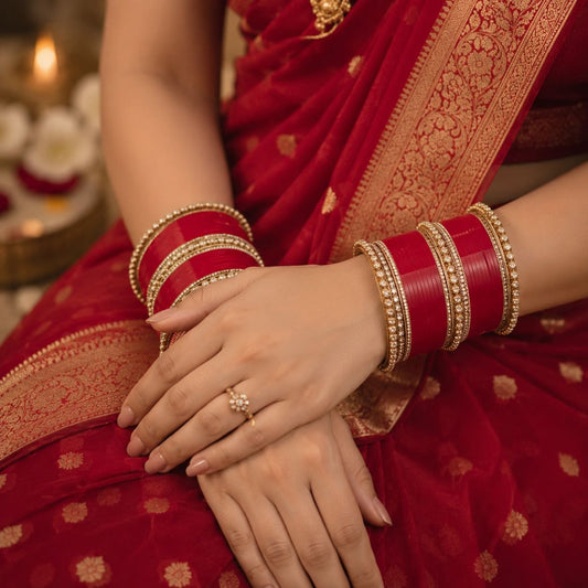 TRADITIONAL CHERRY RED CHURA WITH KUNDAN PACHELI BANGLES (VICTORIAN POLISH)