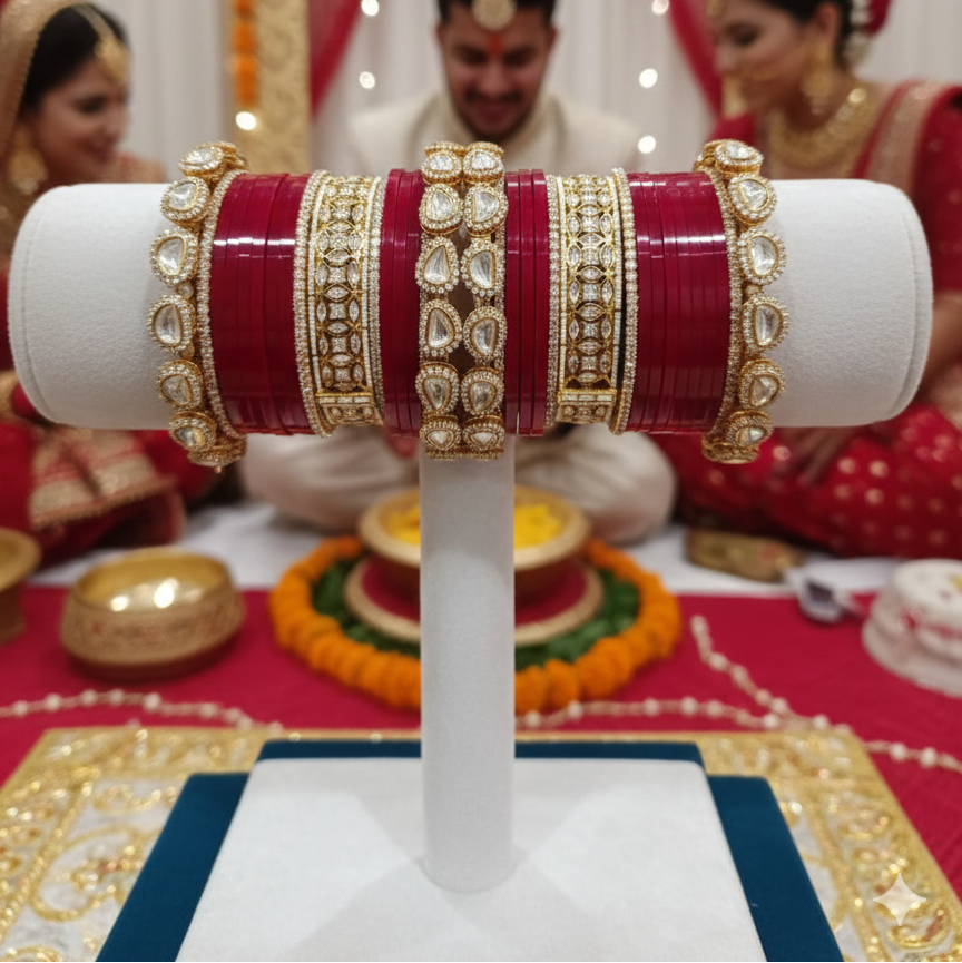 DEEP RED CHURA WITH KUNDAN BANGLES