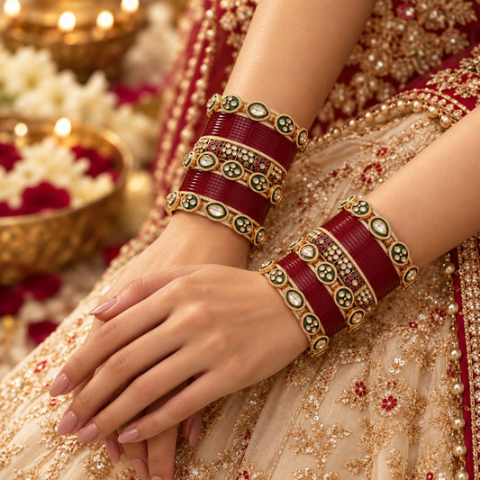 DEEP MAROON CHURA WITH KUNDAN PACHELI BANGLE