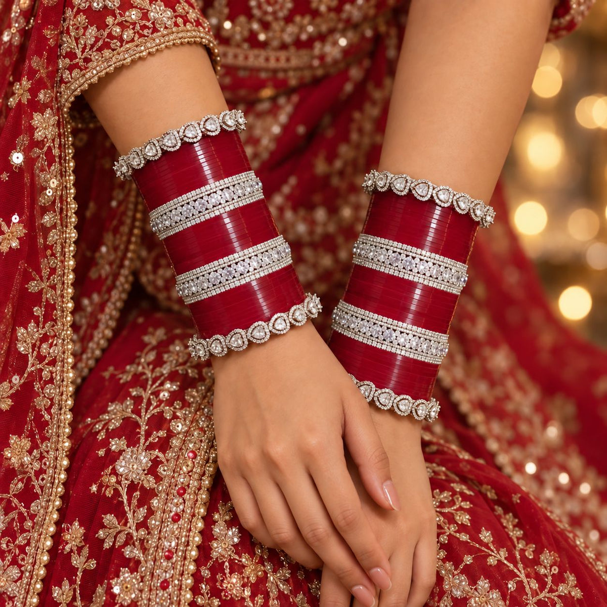 TRADITIONAL DEEP RED CHURA WITH A.D. BANGLES