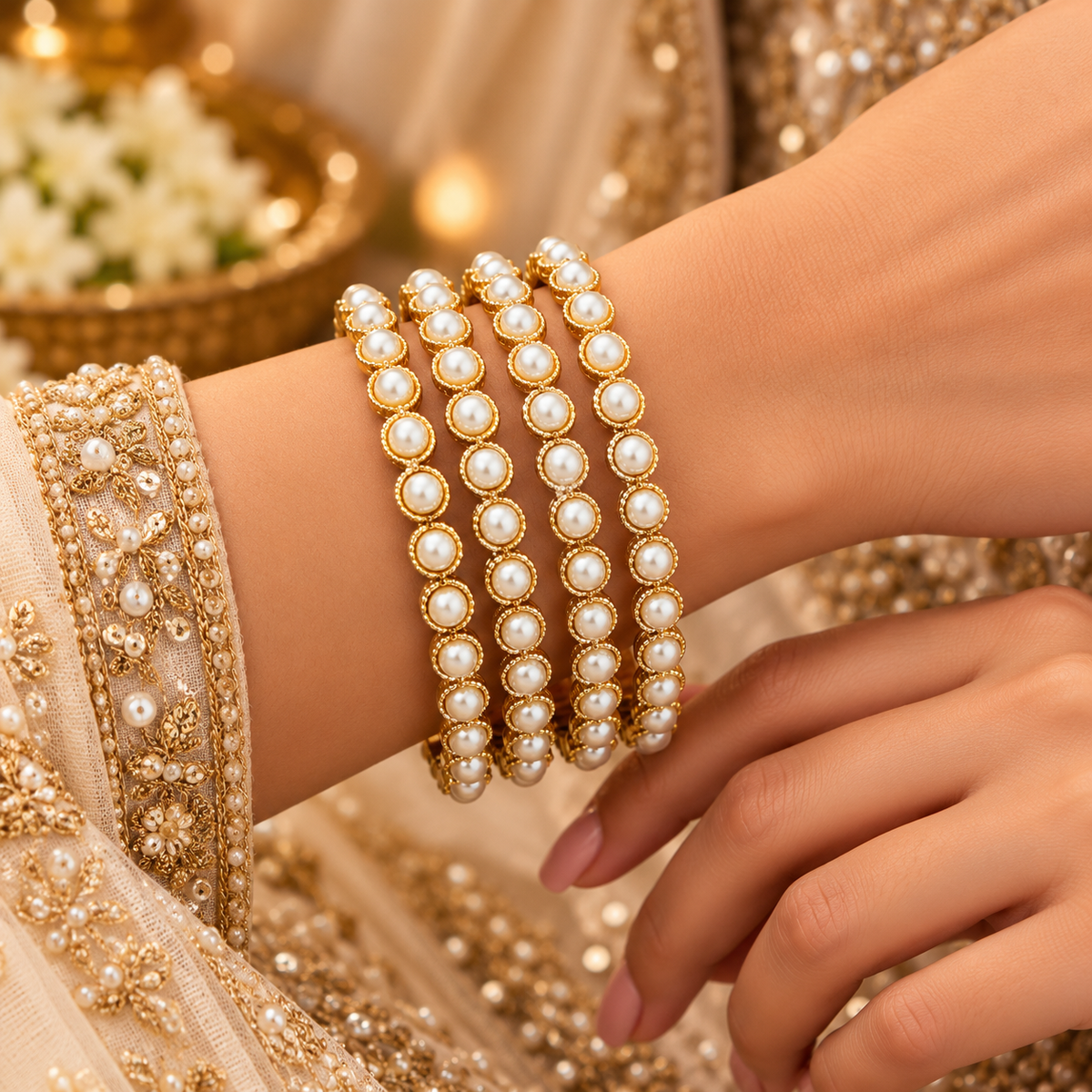 Pearl Elegance Gold-Plated Bangles (Set of 4)