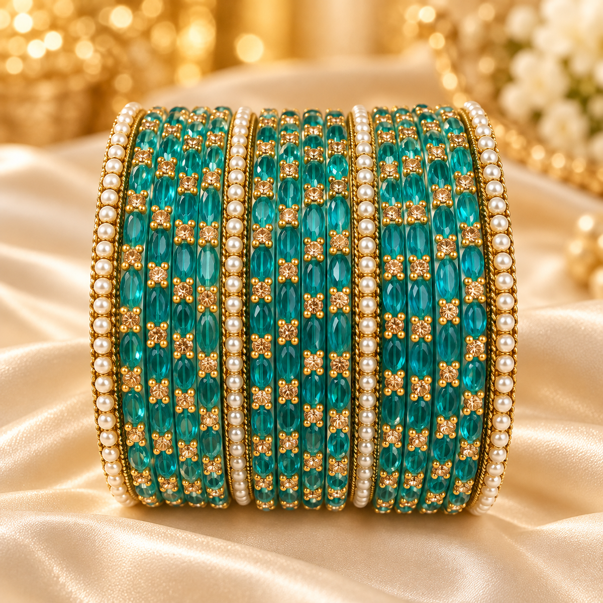 Pastel Embellished Glass Bangles with Pearl & Stone Detailing (both hands)