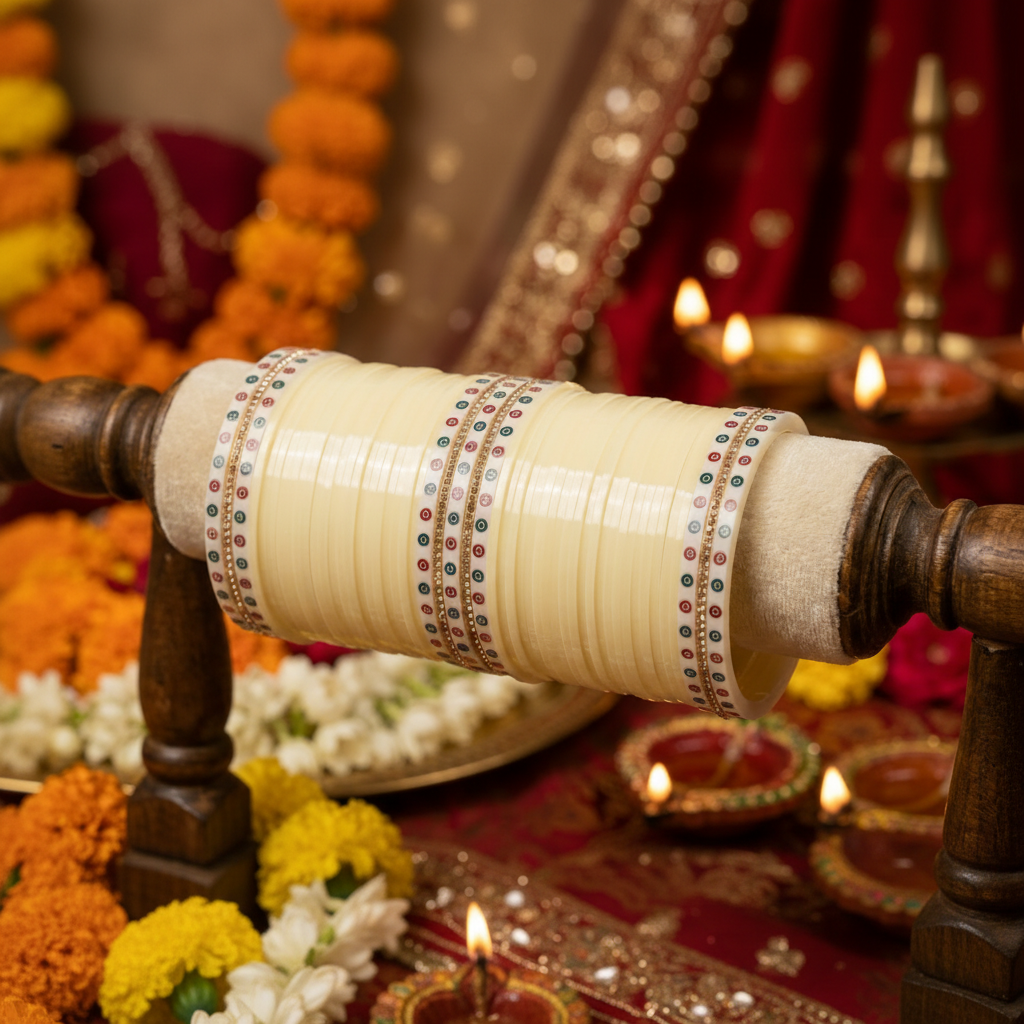 CREAME CHURA WITH SINGLE LINE JARKAN BANGLES