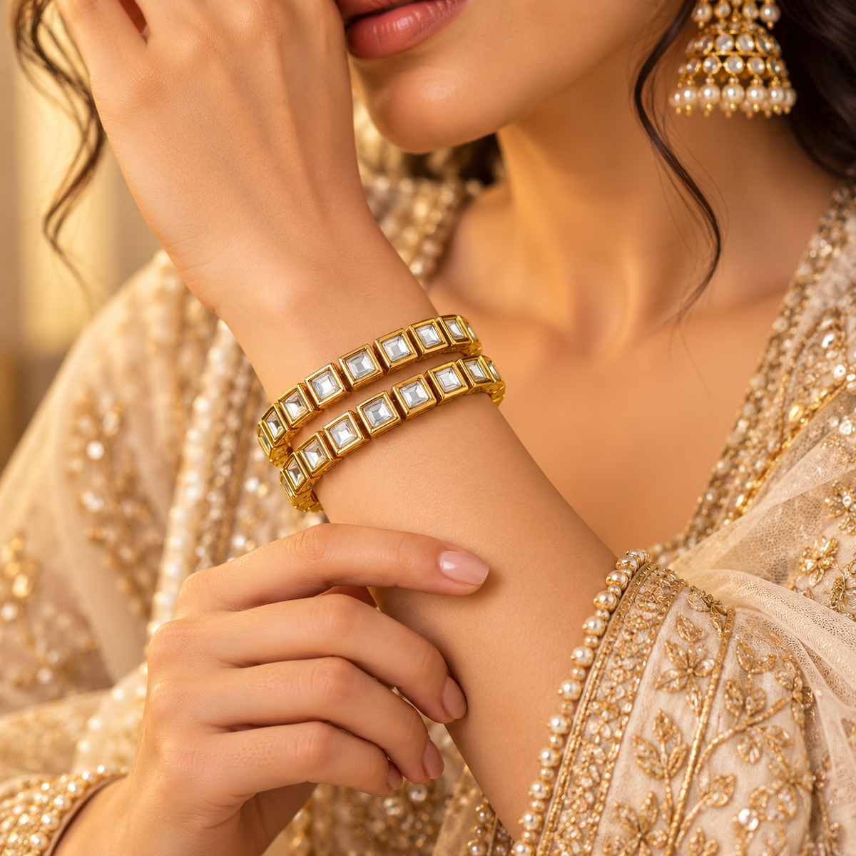 Square Shape Kundan Bangles (2pcs)