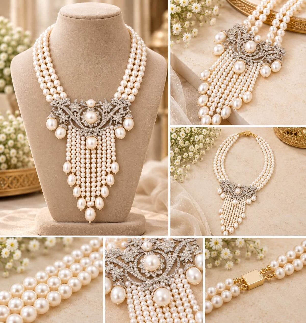 Designer American Diamond Shell Pearl Necklace