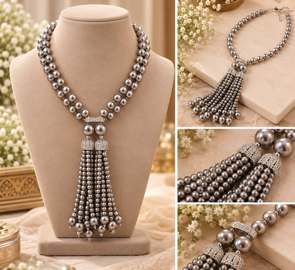 Falling Semi Precious Beads Necklace Studded with American Diamond