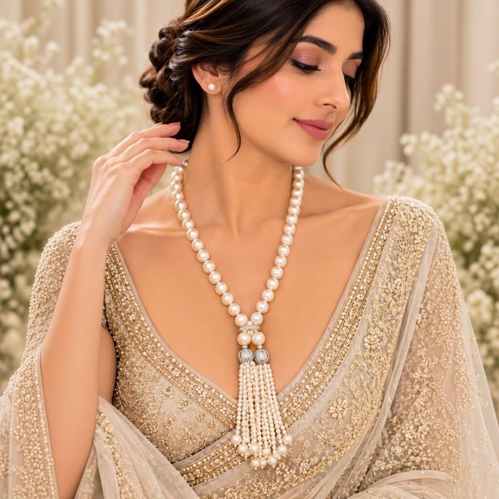 American Diamond Studded Pearl Layered Drops Necklace