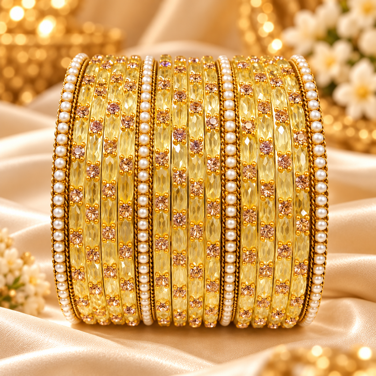 Pastel Embellished Glass Bangles with Pearl & Stone Detailing (both hands)