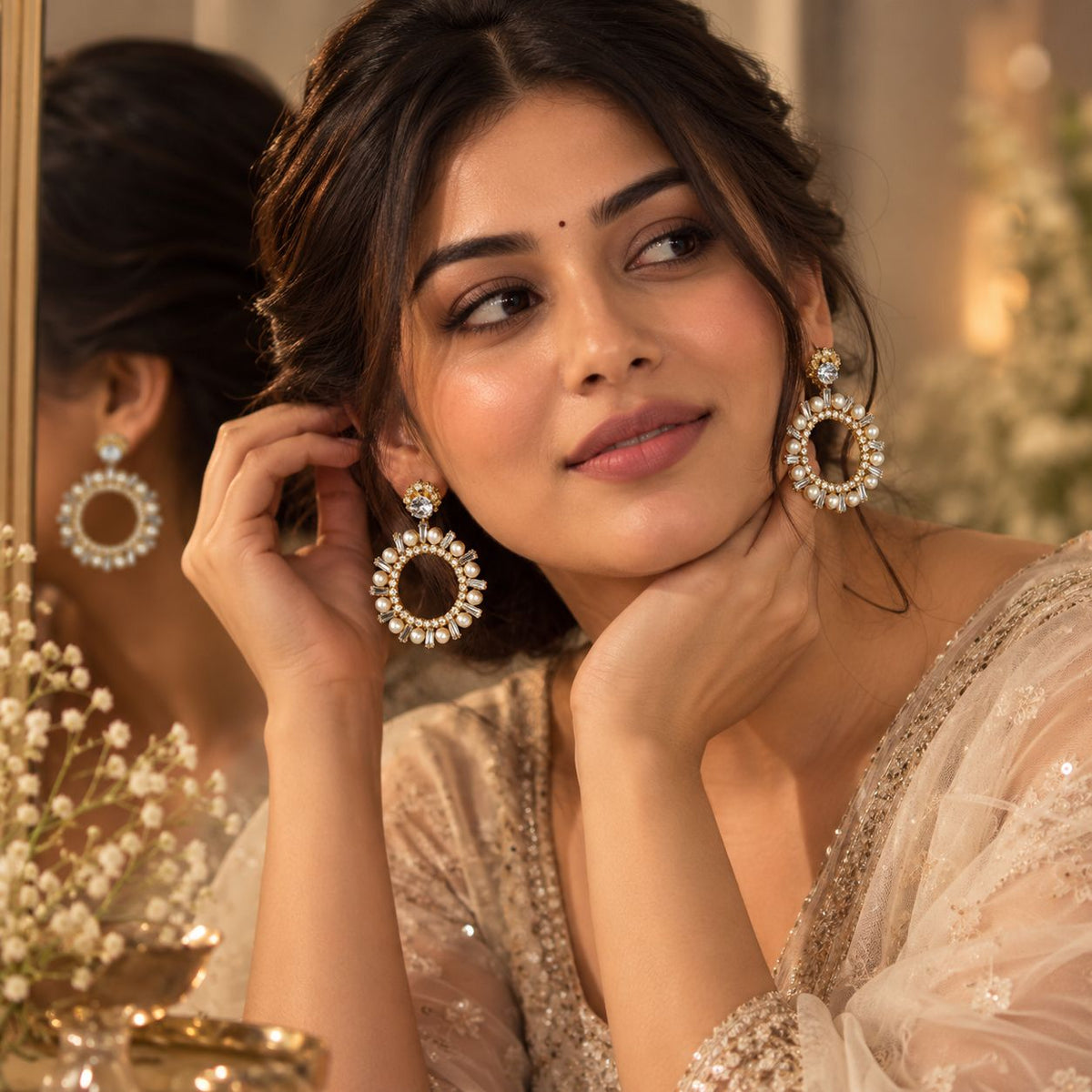 Gold Pearl and Clear Crystal Statement Earrings