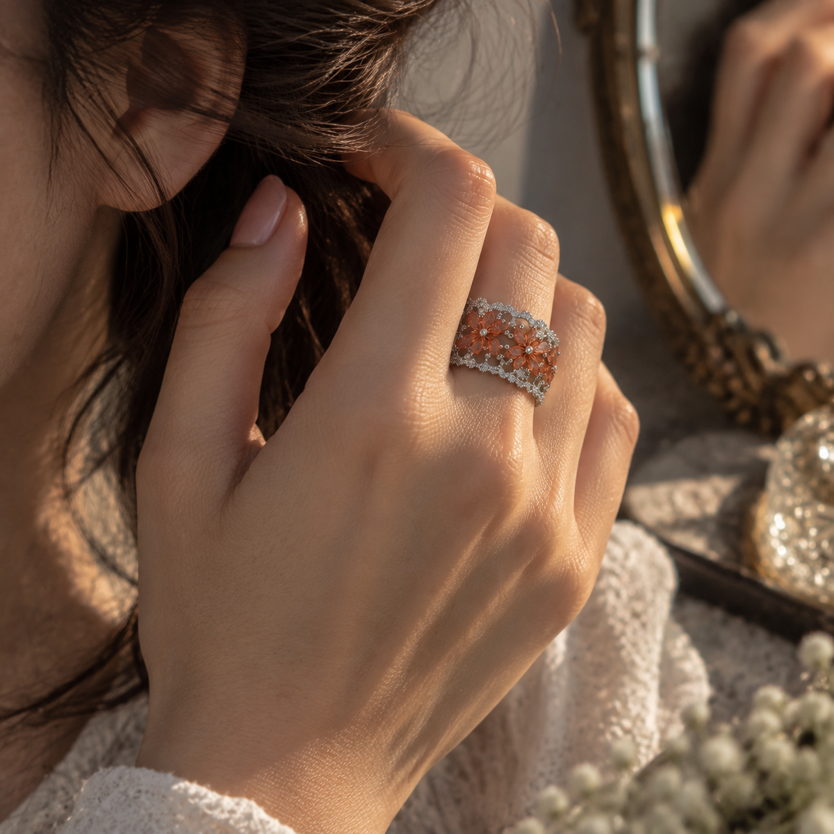 Orange Floral Adustable American Diamond Ring