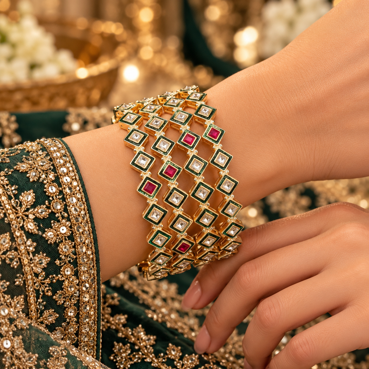 Royal Ruby With Green Geometric American Diamond Bangles (Set of 4)
