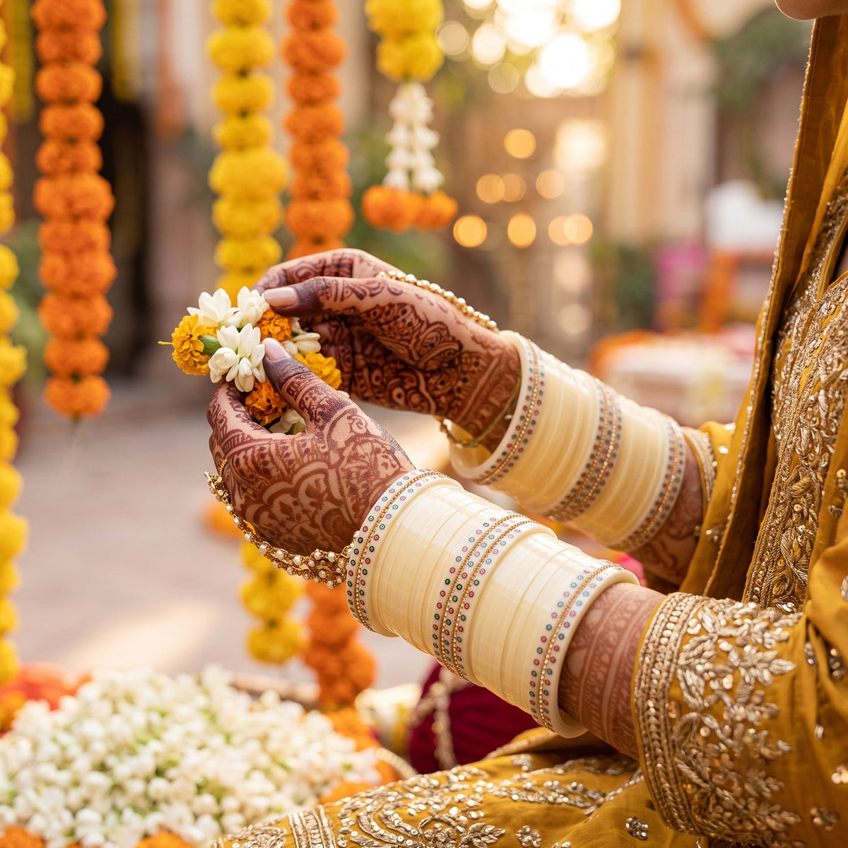 CREAME CHURA WITH SINGLE LINE NIKHAR BANGLES