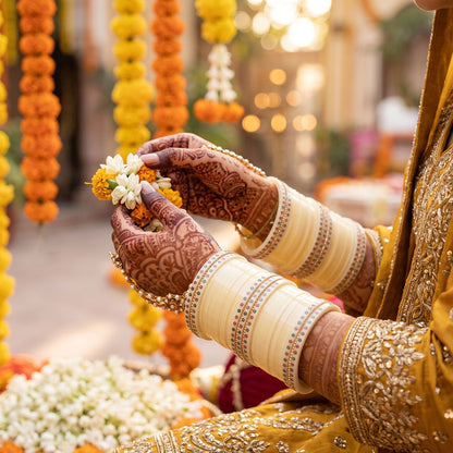 CREAME CHURA WITH SINGLE LINE NIKHAR BANGLES