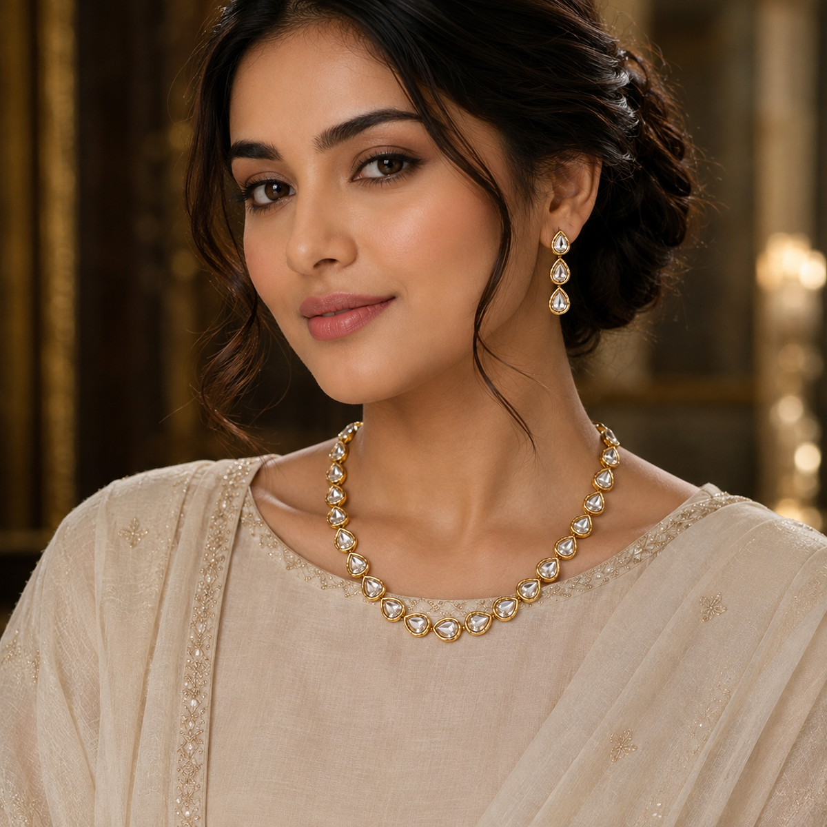 Single Line Gold Polish Kundan Necklace
