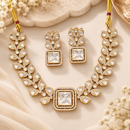 Golden Leaf Crystal Necklace Set with Matching Earrings