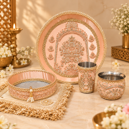 Peach & Gold Embroidered Karwa Chauth Thali Set