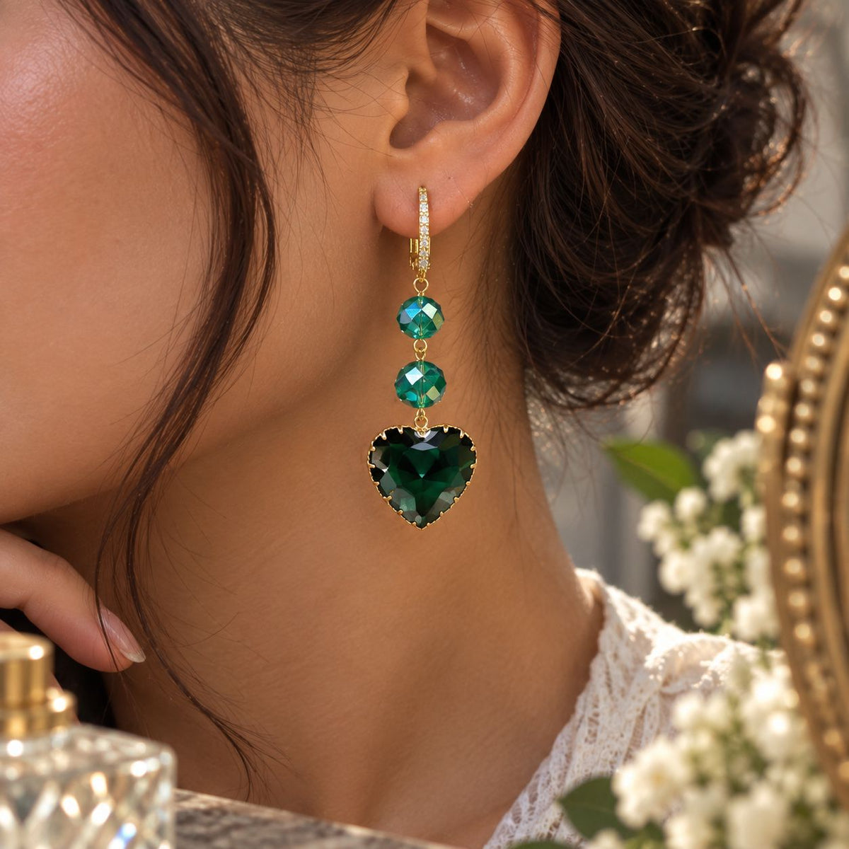 Heart Shape Ruby, Sapphire, Emerald Earings with Beads