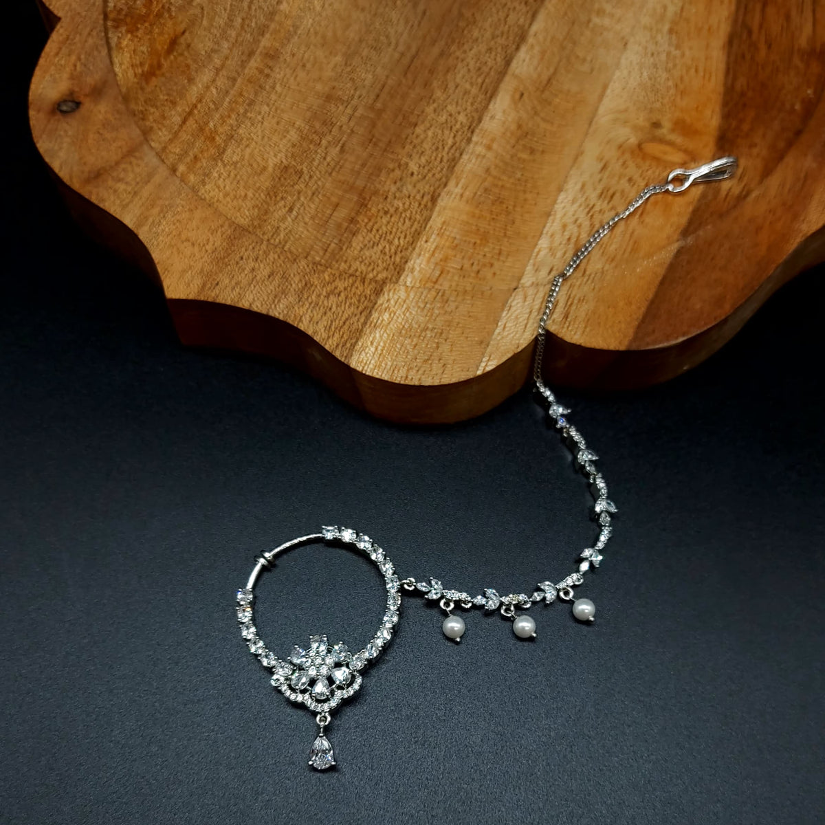 American Diamond Flower Nose Ring With Pearl Drops 
